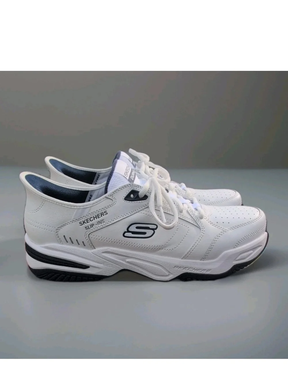 Skechers Sneakers Mens 13 White Blue Durham Delvor Slip Ins Relaxed Dad Shoes